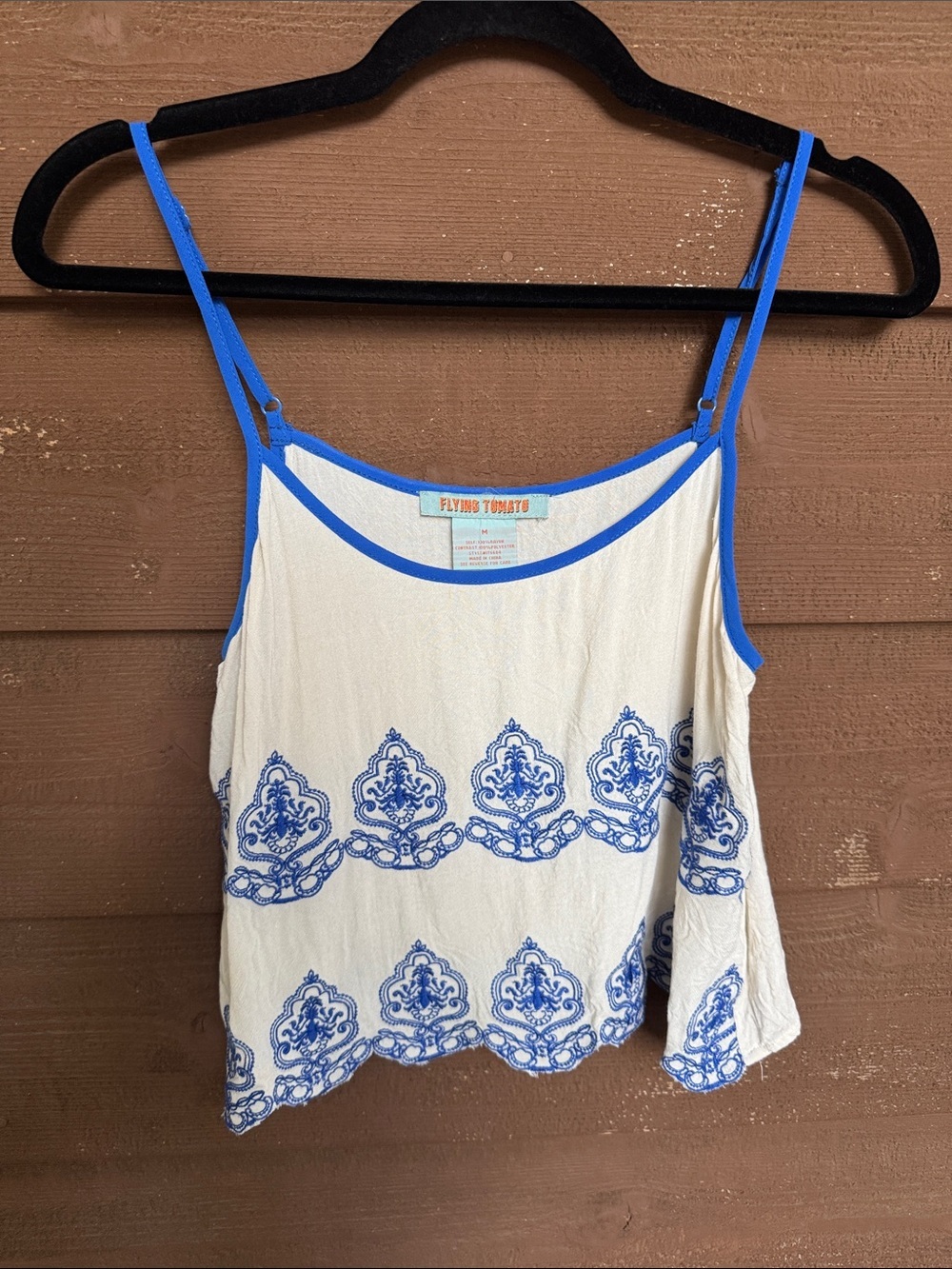 Flying Tomato Cream Tank with Blue Embroidered Trim size Medium